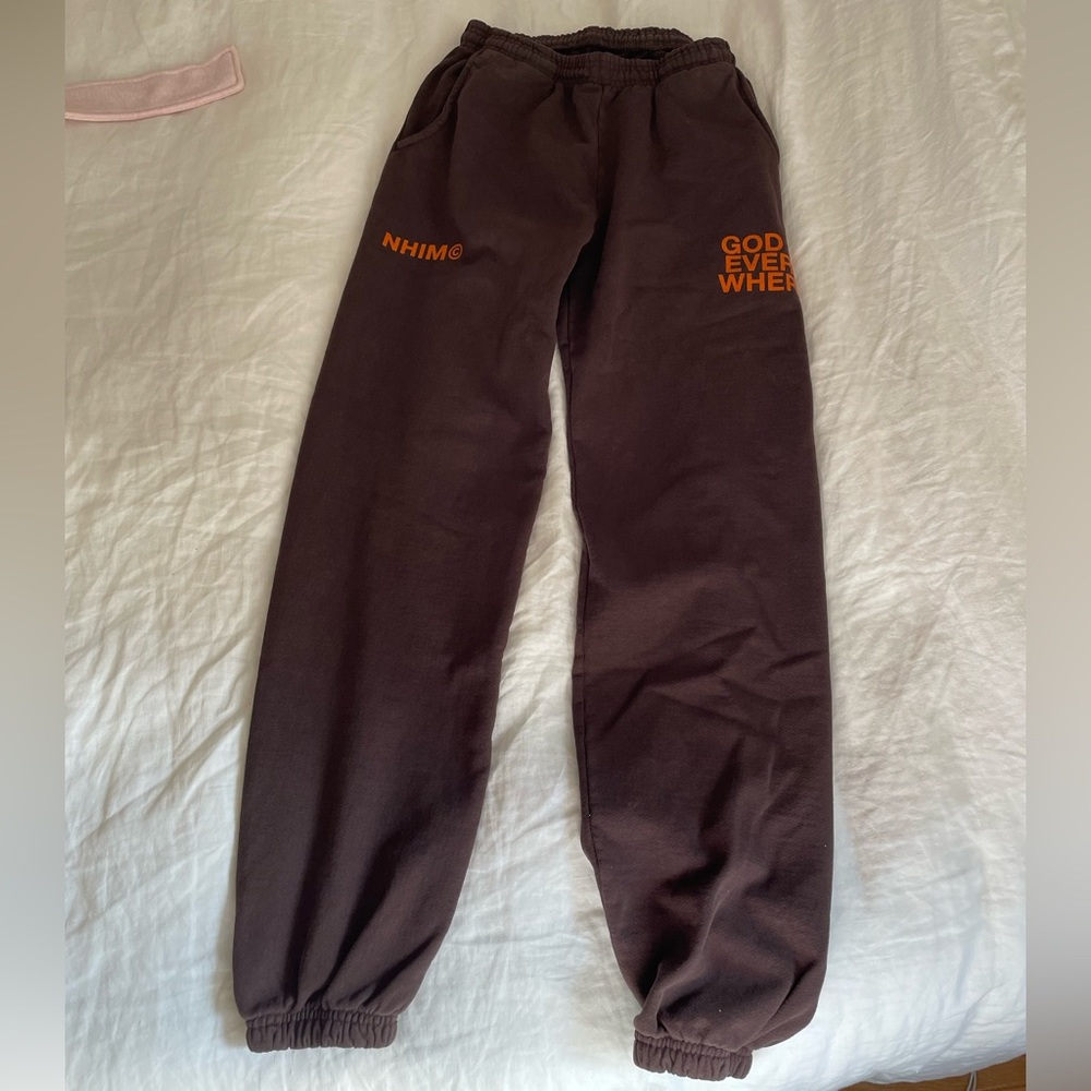 Brand new NHIM “God is everywhere” brown sweatpants